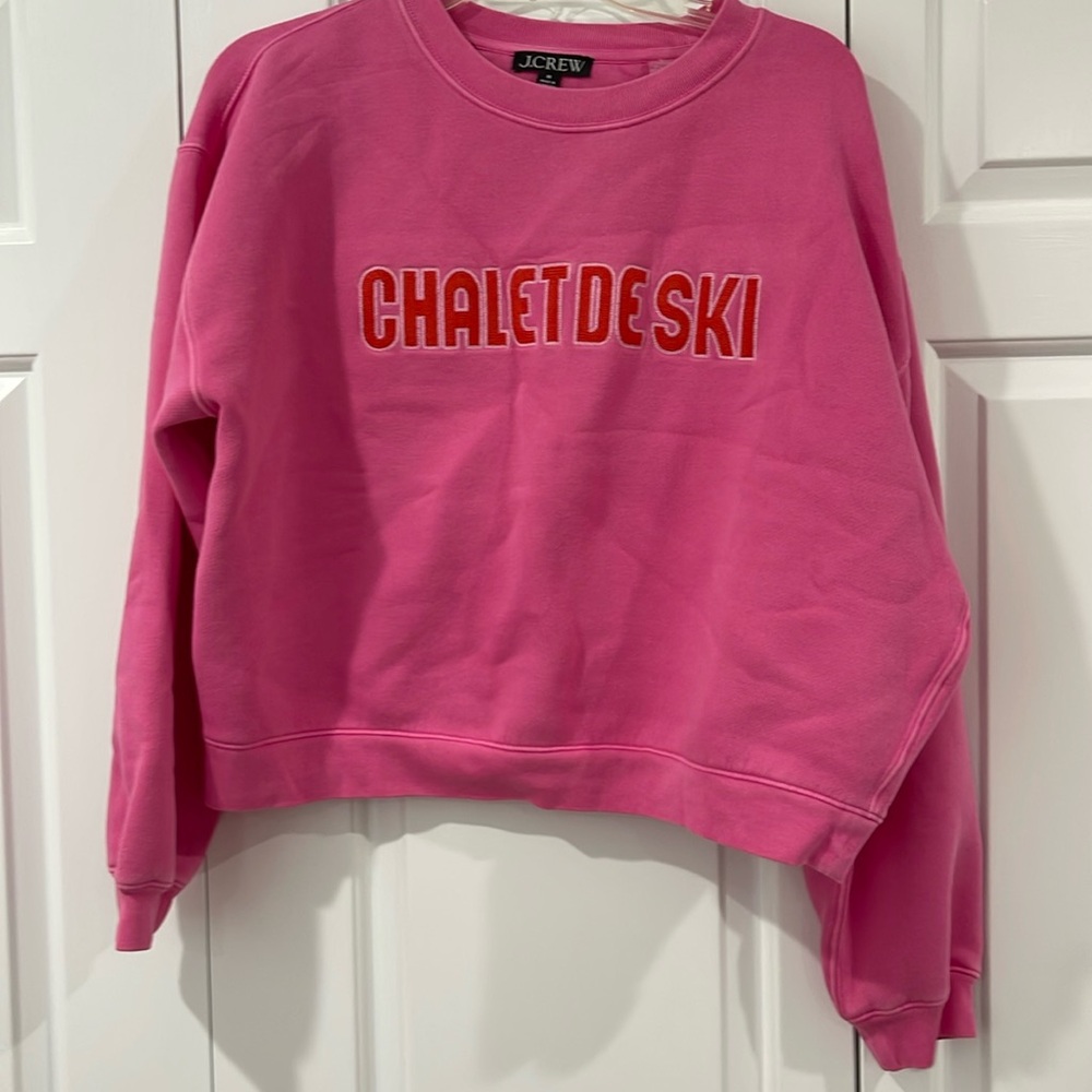 New! J. Crew Heritage fleece chalet de ski graphic sweatshirt REGAL ROSE PINK